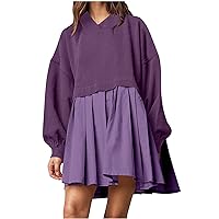 Women Pleated Patchwork Hem Long Sleeve Mini Dress Color Block Oversized Flowy Casual Hooded Sweatshirt Dresses