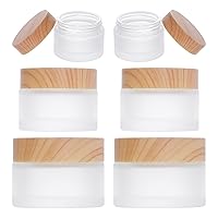 6Pcs Glass Cosmetic Container with Wood Grain Lid Refillable Cosmetic Jar Frosted Glass Cream Container with Leak-proof Lid Empty Sample Jar for Makeup,Lotion,Eye Creams,Scrub Cream,Home Travel