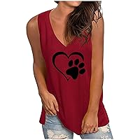 Summer Cute Dog Paw Heart Graphic Tunic Tank Tops for Women Fashion Casual Loose Fit V-Neck Sleeveless Tee Blouses