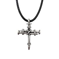 Wire Wrapped Three Nails Antique Silver Metal Cross Pendant Black Cord Necklace