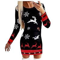 Womens Dresses Casual Summer, Women's Fashion Dresses Christmas Printed Long Sleeves Round Neck Tight Above Kn