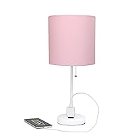 Simple Designs LT2024-POW White Stick Table Desk Lamp with Charging Outlet and Drum Fabric Shade, Light Pink Shade