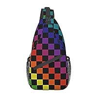 Checkered Rainbow Squares Sling Bag for Men Women Crossbody Backpack Travel Hiking Daypack Chest Shoulder Bag with Adjustable Strap