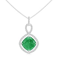 Natural Emerald Cushion Infinity Pendant Necklace with Diamond for Women in Sterling Silver / 14K Solid Gold/Platinum