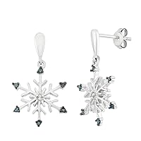 Mother's Day Gift For Her Sterling Silver Blue and White Diamond Dangling Snowflake Earrings (1/12 CTTW)