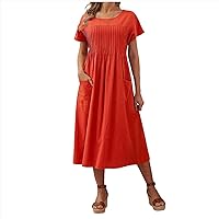 Linen Dresses for Women Fashion Ladies Loose Summer Solid Short Sleeve Cotton and Linen Dress Party Elegant