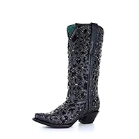 Corral Ladie's Black Inlay & Embroidery & Studs, Snip Toe, Leather Sole, Western, A3752