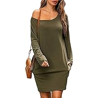 Women Summer Sexy Off-Shoulder Mini Dress Casual Solid Color Long Sleeve Dresses Loose Tunic Pocket Mid-Length Tops