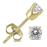AGS Certified (H-I Color, SI1-SI2 Clarity) 3/8 Carat TW Round Diamond Solitaire Stud Earrings In 14K Yellow Gold