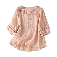 Summer Women Cotton Linen T-Shirt Tops Fashion Half Sleeve Floral Embroidered Shirts Casual Loose Boho Blouses Babydoll