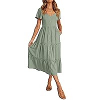 KIRUNDO Womens Summer Dresses 2024 Casual Short Sleeve Button V Neck Tiered A Line Flowy Beach Midi Dress with Pockets