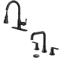 Black Bar Faucet and Bathroom Faucet Set, 3 Functions Pull Down Wet Bar Sink Faucet 1 or 3 Hole with Deck Plate, Widespread 360 Degree Swivel Bathroom Faucets for Sink 3 Hole 4-10 Inch