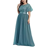 Women's Round Neck Short Sleeve Plus Size Mesh A Line Sequin Embroidered Evening Gown Long Ball Gown Wedding Dress