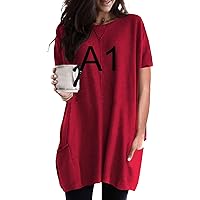 GRASWE Women's Solid Color Crewneck Pullover Short Sleeves Casual Party Tunic Sweatshirts with Pocket