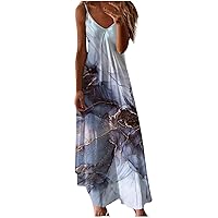 2024 Women Vintage Maxi Dress Summer Spaghetti Strap Beach Dress Marble Print Sleeveless V Neck Flowy Long Sundress
