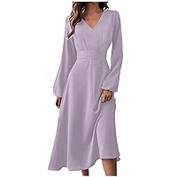 Wedding Guest Dresses for Women, Womens Trendy Solid Color Beautiful Long Dress Sexy V-Neck Long Sleeve Party Dresses