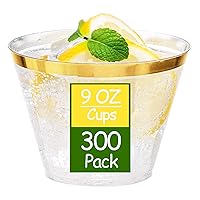 300PCS Gold Plastic Cups - 9Oz Heavy Duty Plastic Cups - Gold Rimmed Plastic Cups - Disposable Clear Plastic Cups with Gold Rim for Party & Wedding