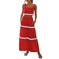 Women's Summer 2 Piece Beach Outfit Casual Sleeveless Square Neck Cropped Tank Tops High Waisted Maxi Skirt Sets