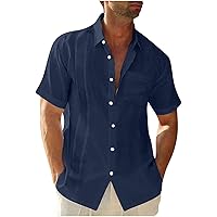 Button Down Short Sleeve Linen Shirts for Men Summer Casual Lightweight Dress Shirt Vacation Beach Summer Tops with Pocket