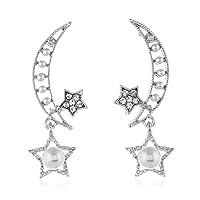 Sterling Silver Retro Girl Temperament Luxury Stars Around The Moon Needle Asymmetric Earrings (White)