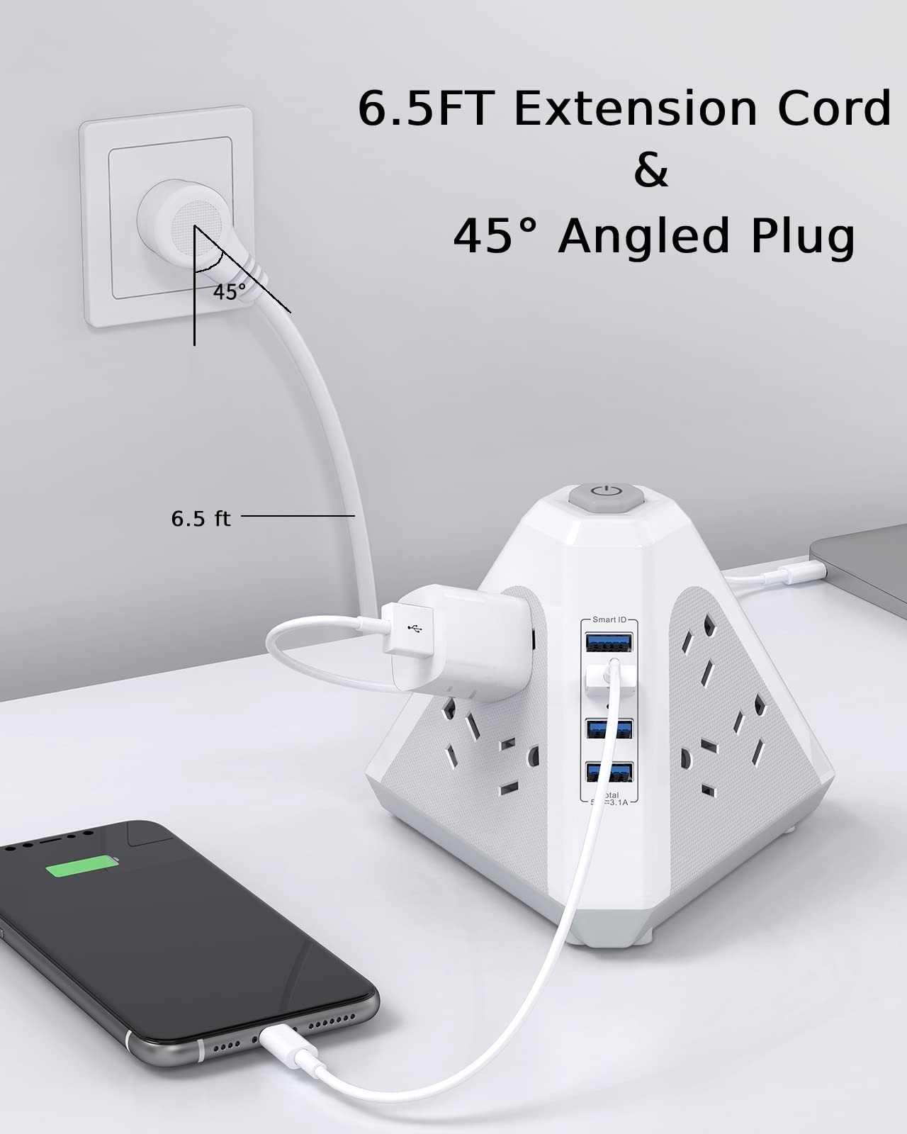 Power Strip Tower Surge Protector-9 Multiple Outlets 4 USB Charging Ports,3-Side Triangle Outlet Extender Strip with 6.5Ft Long Extension Cord, Flat Plug, Overload Protect for Dorm Home Office Traving