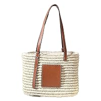 Shoulder Bag, Straw Bag, Handbag, Women Woven Straw Handbag Faux Leather Handle Shoulder Tote Bag Basket Purse - Beige