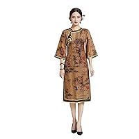 Women Midi Dress Silk Fragrant Cloud Yarn Chinese Ink Printing Dress 2503