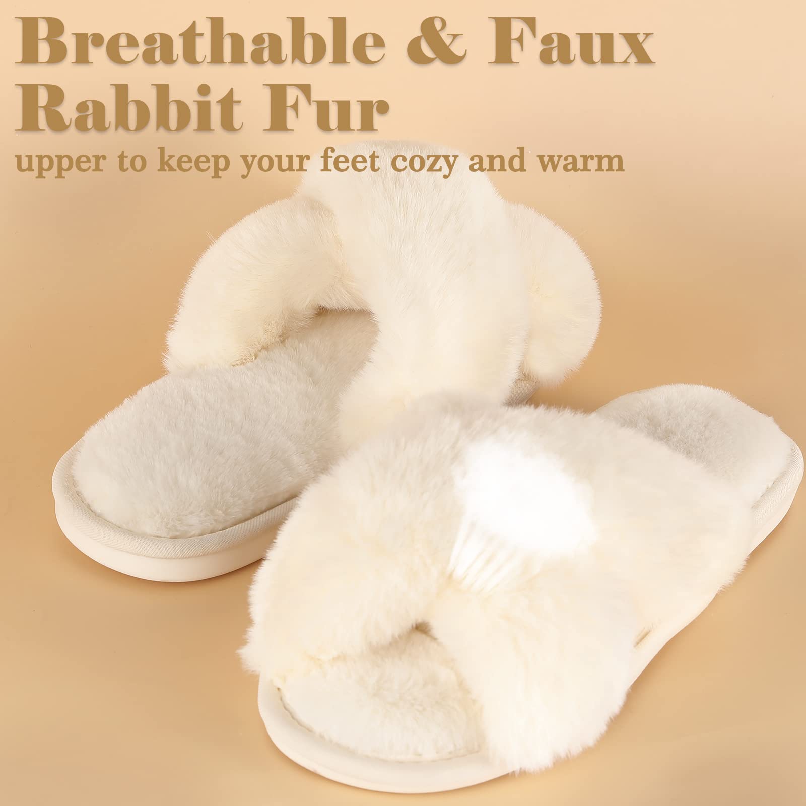 Ankis Womens Fuzzy Fluffy Slippers - 2Pair Cozy, Soft, Comfy, Relax Fluffy Slippers, Cross Band, Open Toe, Non-slip Womens Slippers, Indoor and Outdoor Fluffy Slippers, Fuzzy Slippers