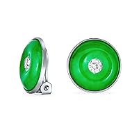 Round Disc CZ Accent Green Dyed Jade Clip On Earrings For Women Sterling Silver Non Pierced