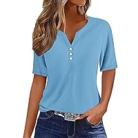 Boho Summer Tops for Women Solid Color Short Sleeve V Neck Blouse Dressy Casual T Shirts Button Up Tunic Tops