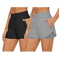 2 Pack Athletic Shorts for Women, Quick Dry Running Shorts with Pockets High Waisted Workout Gym Sports Shorts
