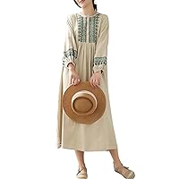 chouyatou Women's Summer Loose Floral Embroidered Midi Long Mexican Dress Casual Linen Tunic Dress