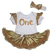 Petitebella Cartoon One White Ruffle Lace Bodysuit Gold Bling Tutu Nb-18m