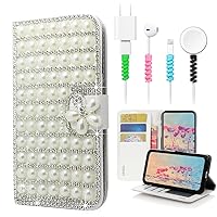 STENES Bling Wallet Phone Case Compatible with iPhone 12 Pro Max Case - Stylish - 3D Handmade Pearl Lattice Flowers Design Leather Cover with Cable Protector [4 Pack] - White