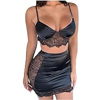 Summer 2 Piece Outfits For Women Sheer Lace V Neck Sexy Camisole Crop Tops With Bodycon Mini Skirts Nightdress Sets