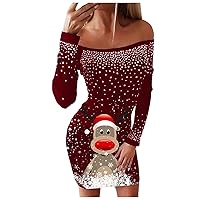 XJYIOEWT Sexy Summer Dresses for Women 2024,Women's Casual Easter Snowflake and Deer Printed Fitted Off The Shoulder Lon