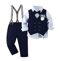 YALLET Toddler Baby Boy Clothes Suit Gentleman Wedding Outfits, Formal Dress Shirt+Bowtie+Vest+Boutonniere+Suspender Pants