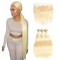 613 Blonde Bundles with Lace Frontal Closure 13x4 Ear To Ear with Baby Hair Straight Peruvian 613 Blonde 3 Bundles with Frontal Closure Virgin Hair Queen Plus Hair (32 32 32 with 18inch)