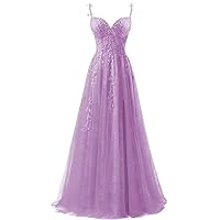 Women's Spaghetti Straps Applique Prom Dress Elegant Side Split Ruffled Formal Evening Tulle Ball Gowns Summer