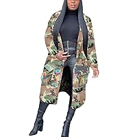DINGANG Women Camo Jackets Casual Lapel Trench Coats Letter Print Long Sleeve Camouflage Coats Outerwear Windbreaker