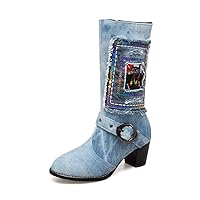 Women And Ladies Embroidery Denim Knee Boot Shoe