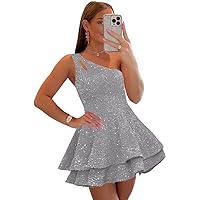 CWOAPO One Shoulder Velvet Sequins Homecoming Dress Tiered Short Prom Dresses for Teens Sparkly Ruffle Cocktail Party