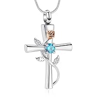 Minicremation Cross Urn Necklace for Ashes Birthstone Rose Flower Cremation Jewelry for Women Gilrs Keepsake Memorial Ashes Pendant