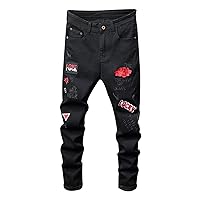 Men's Red Flower Letters Embroidery Black Stretch Denim Jeans