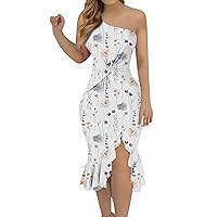Women Sexy One Shoulder Wedding Party Club Solid Color/Printed Ruffle Midi Dress