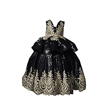 V Neck Glitz Black Sequined Gold Embroidery Little Girls Pageant Prom Party Dresses for Toddler Long 2024