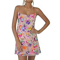 Sexy Women Sparkle Sequin Dresses Sleeveless Low Cut Spaghetti Strap Mini Dress Rave Party Cocktail Clubwear
