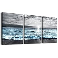 DZRWUBHS Large Wall Decorations For Living Room 3 Piece Framed Canvas Wall Art For Office Modern Home Bedroom Wall Decor Black And White Beach Wall Painting Blue Ocean Sea Wave Pictures Artwork