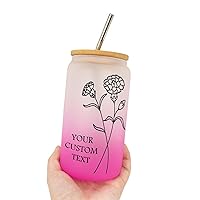 16 Oz Drinking Cup Custom Birth Flower Glass Coffee Cup with Bamboo Lid - Reusable Milk Cups Frosted Glass Tumbler W/Lids Straws - Christmas Gifts for Girlfriend