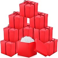 Fulmoon 10 Pcs 9 Inch Gift Box with Lid Ribbon and Raffia Collapsible Birthday Gift Box Paper Filler Cardboard Gift Box for Mother's Day Wedding Birthday Party Supplies(Red)